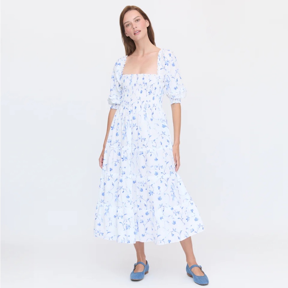 Hill House nesli Blue and White Puff Sleeve Midi Sundress